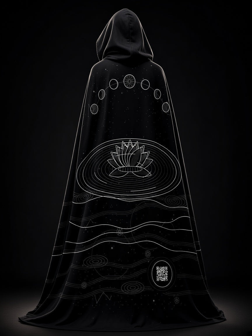 Serenity Cloak back view on model with lotus and moon-phase art
