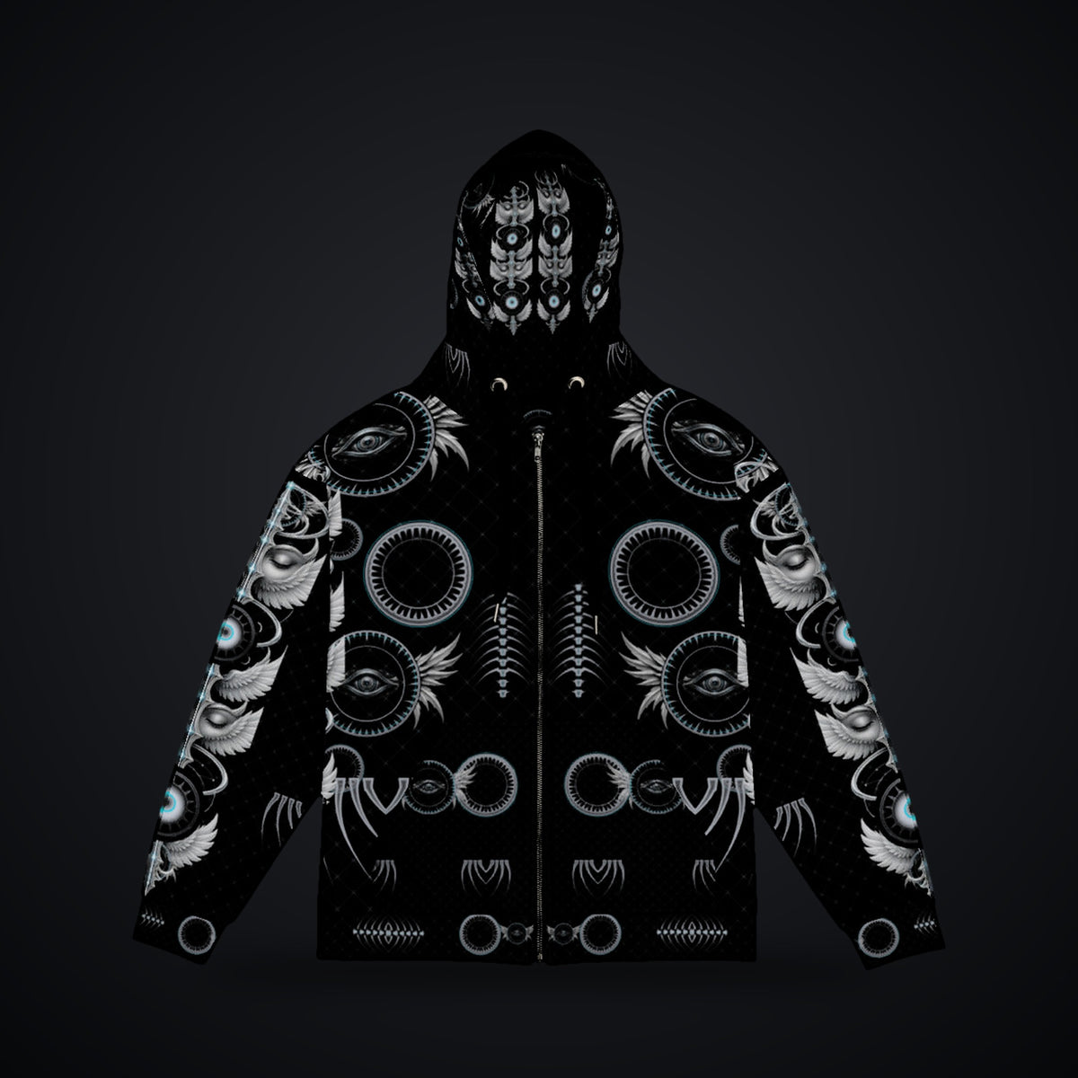 Shard Crown Gothic Rave Zip Hoodie: black rave zip hoodie with chrome winged eye design with ice-cyan accents, front view