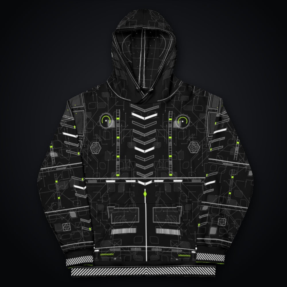 Vector Spine Hoodie: black rave hoodie with white chevron spine and neon green circuit design, front view