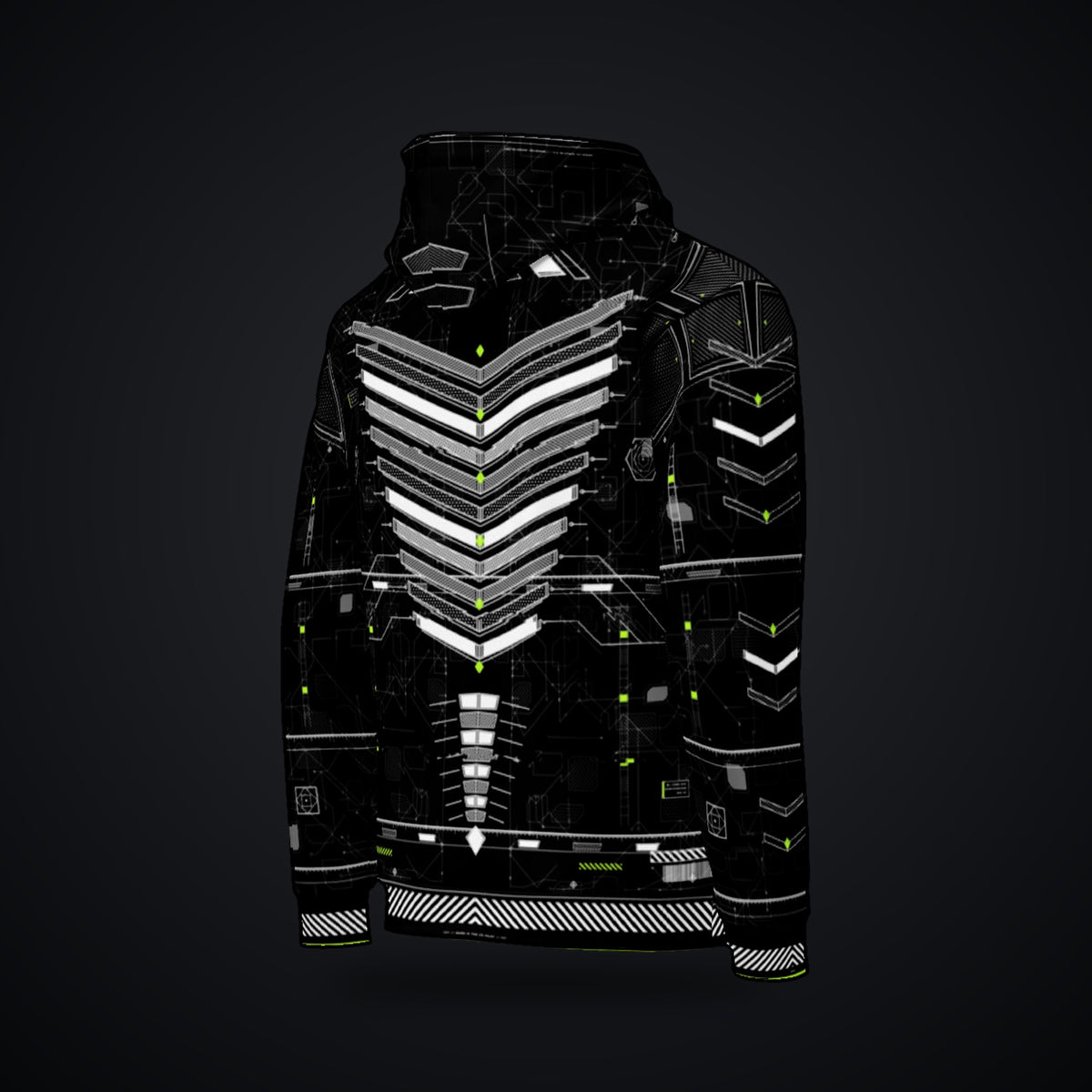 Vector Spine Hoodie: black rave hoodie with white chevron spine and neon green circuit design, right back view