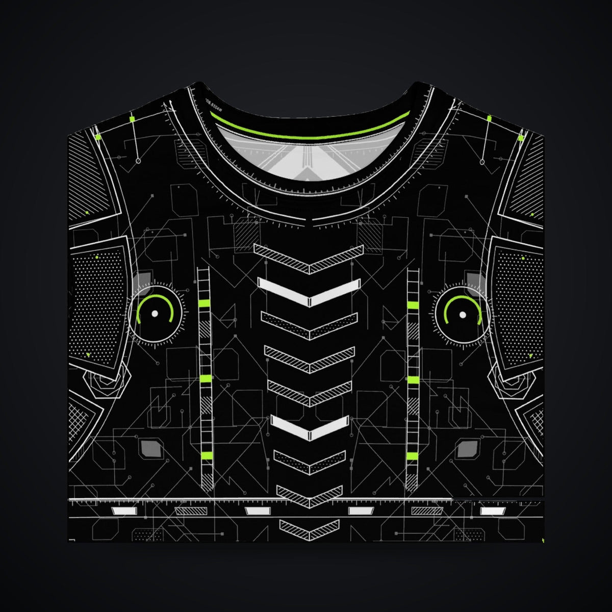 Vector Spine Long Sleeve: black rave long sleeve shirt with white chevron spine and neon green circuit design, chest and collar detail view