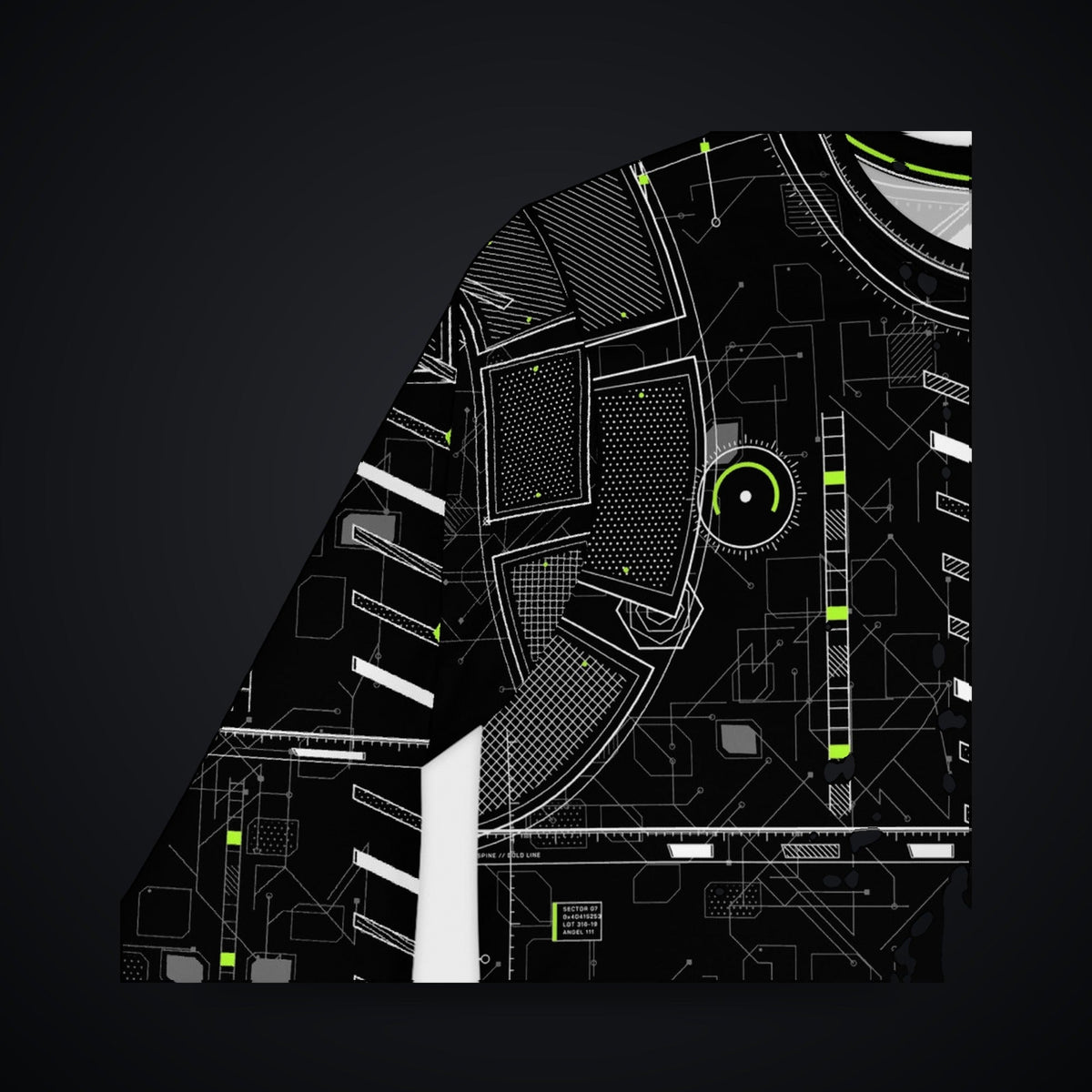 Vector Spine Long Sleeve: black rave long sleeve shirt with white chevron spine and neon green circuit design, sleeve and shoulder detail view