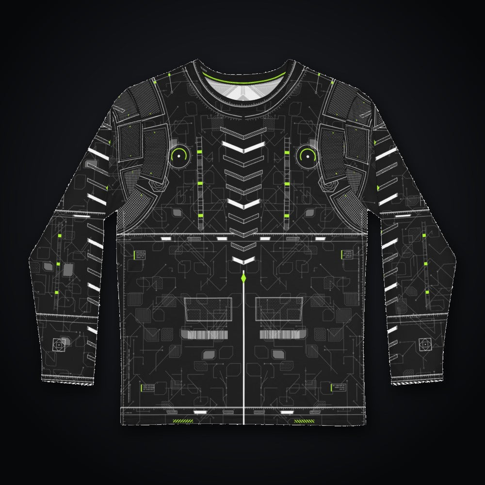 Vector Spine Long Sleeve: black rave long sleeve shirt with white chevron spine and neon green circuit design