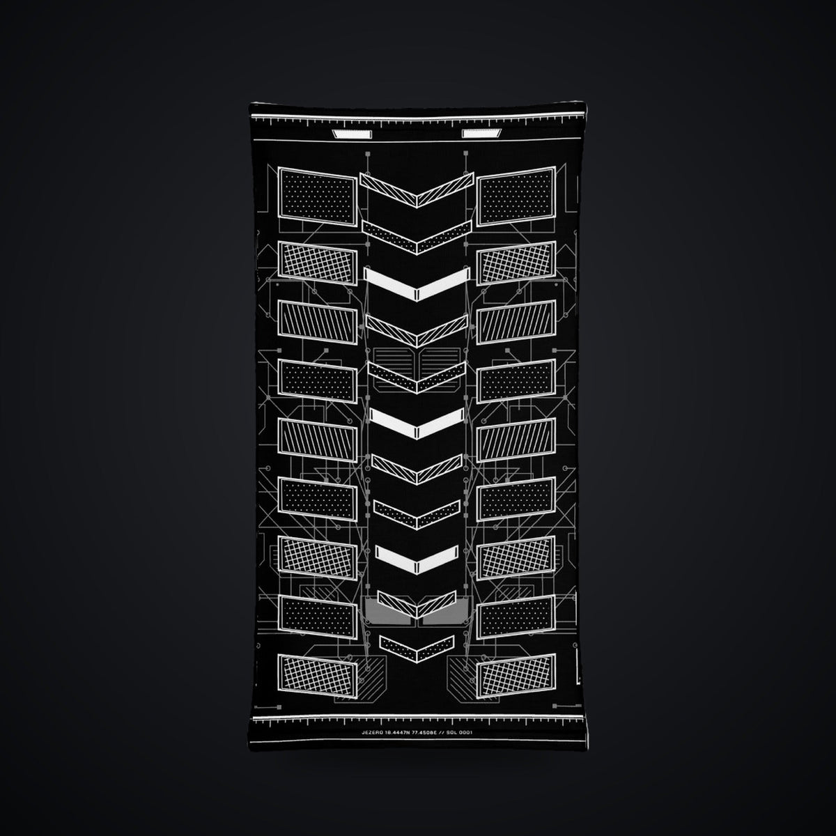 Vector Spine Neck Gaiter: black rave neck gaiter with white chevron spine and neon green circuit design, front view