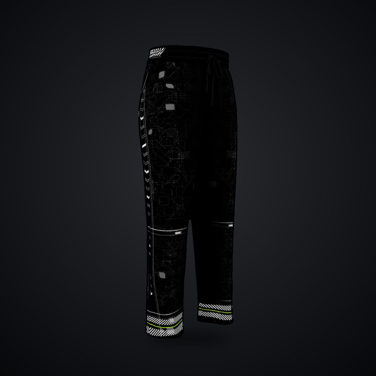 Vector Spine Wide-Leg Joggers: black wide-leg rave joggers with white chevron and circuit design, left front view