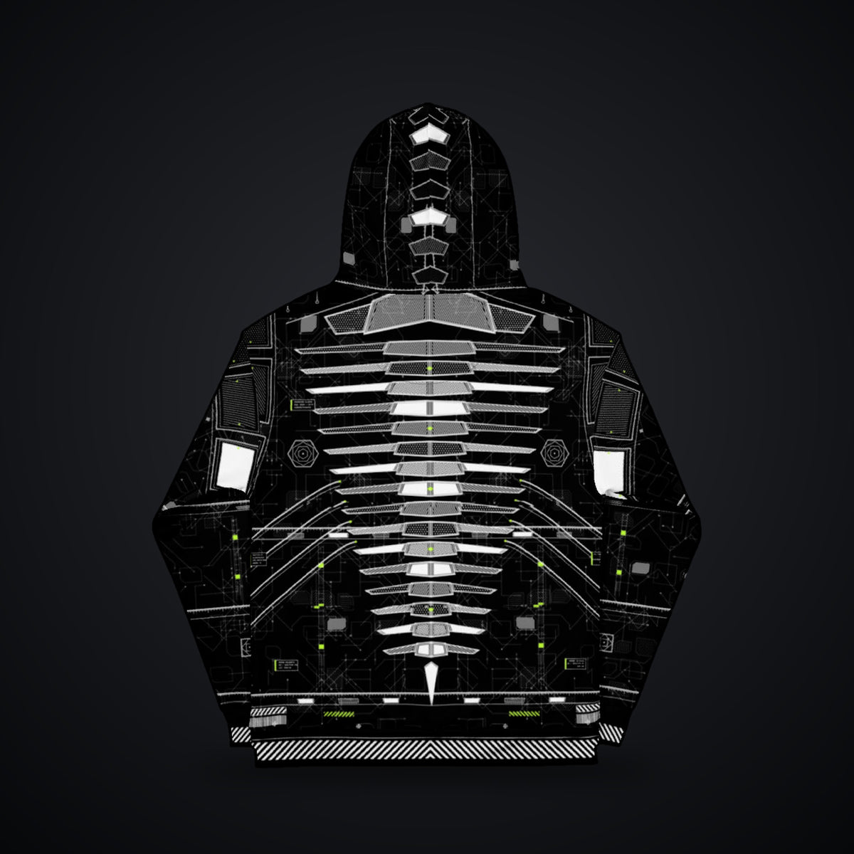 Vertebra Array Hoodie: black rave hoodie with white vertebra skeleton design with neon green nodes, back view
