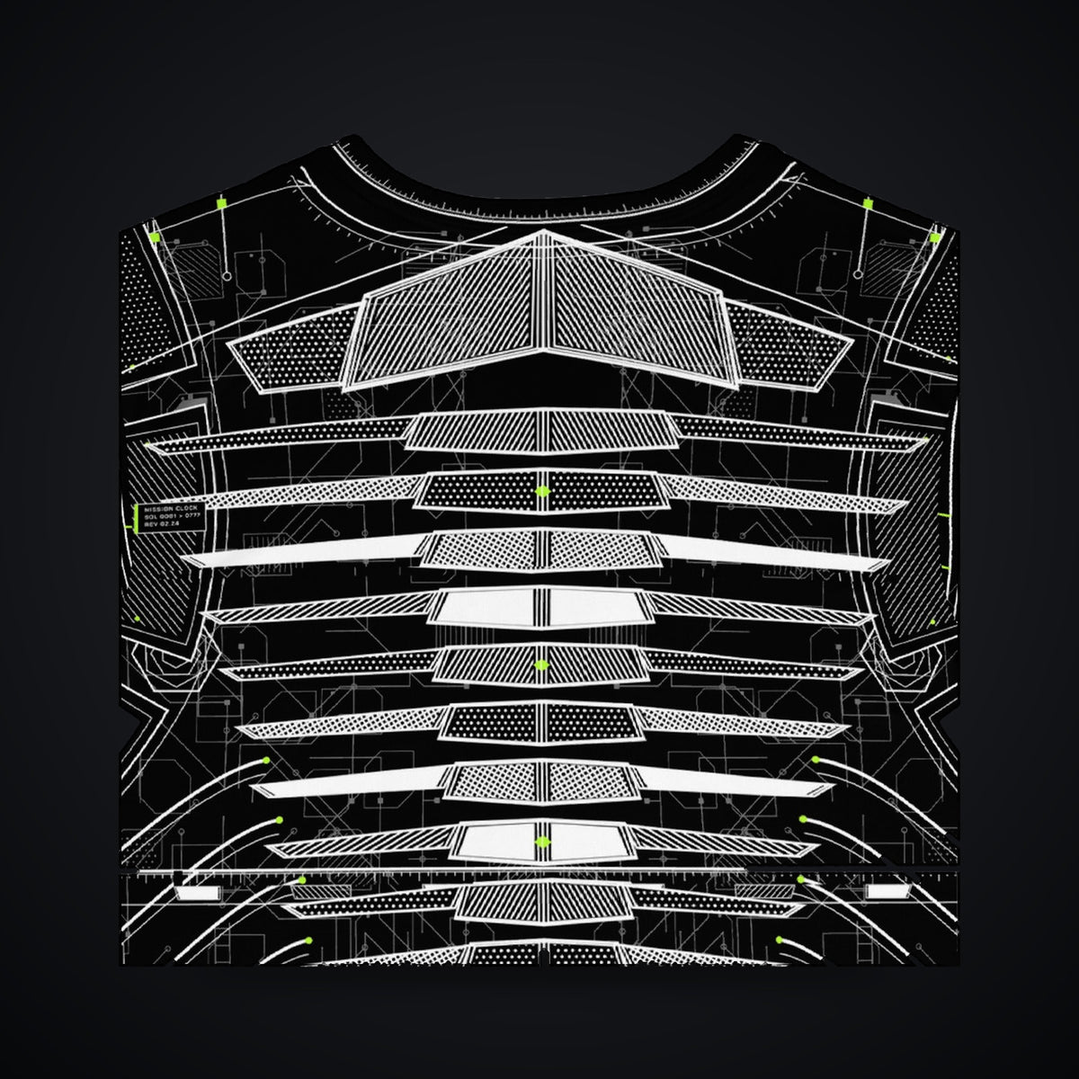 Vertebra Array Long Sleeve: black rave long sleeve shirt with white vertebra skeleton design with neon green nodes, back detail view