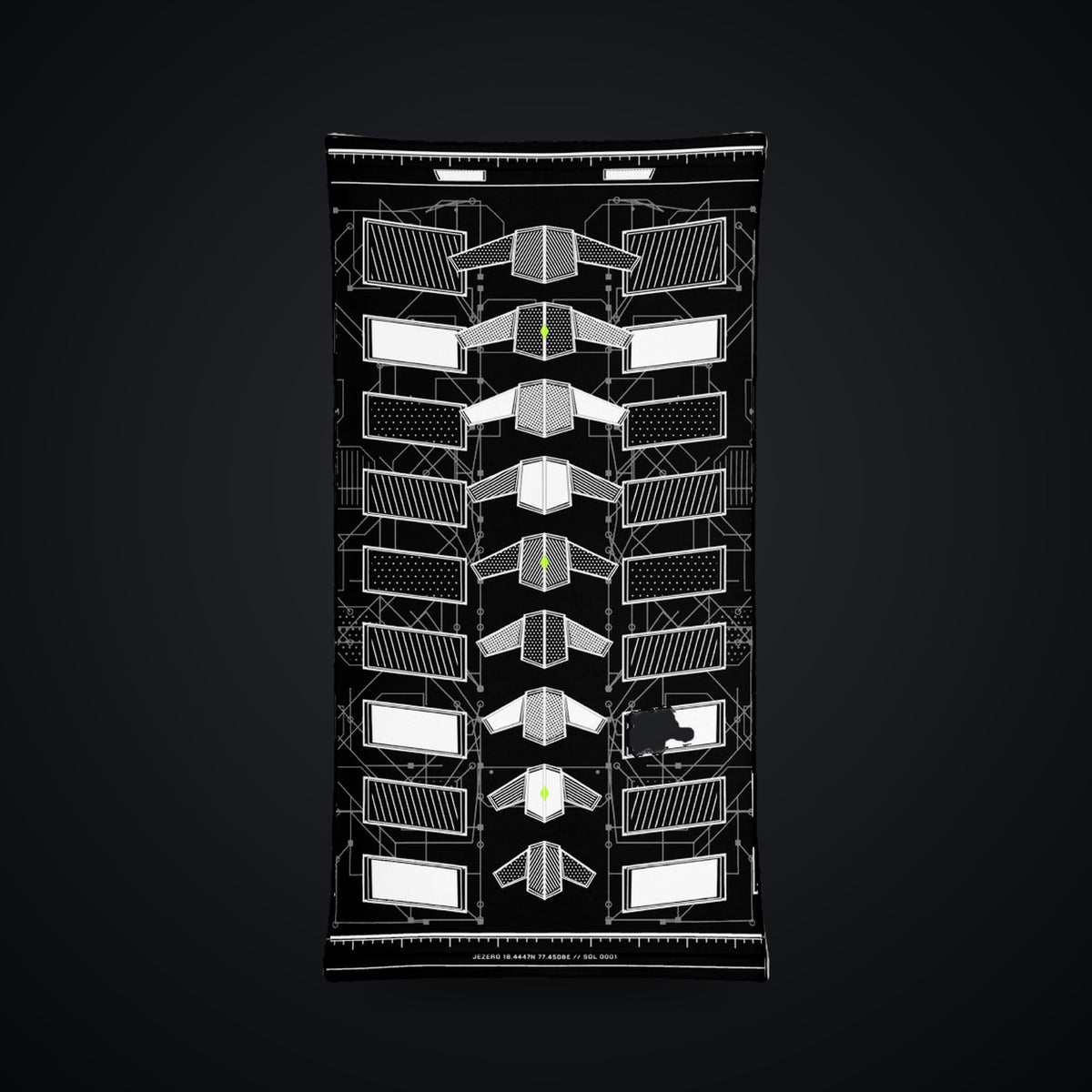 Vertebra Array Neck Gaiter: black rave neck gaiter with white vertebra skeleton design with neon green nodes, front view