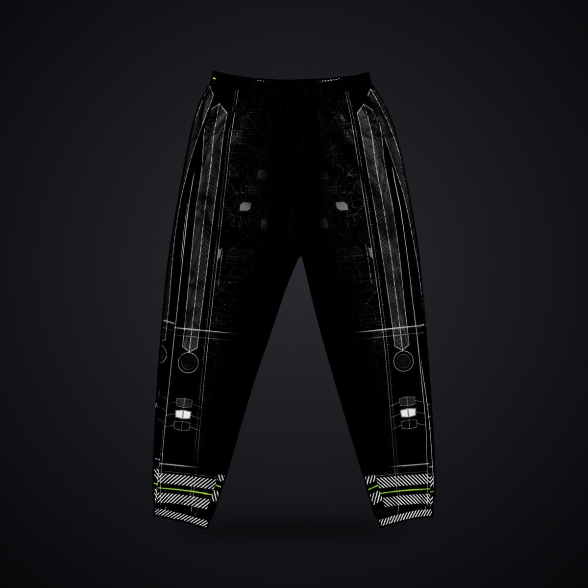 Vertebra Array Track Pants: black rave track pants with white vertebra skeleton design with neon green nodes, front view