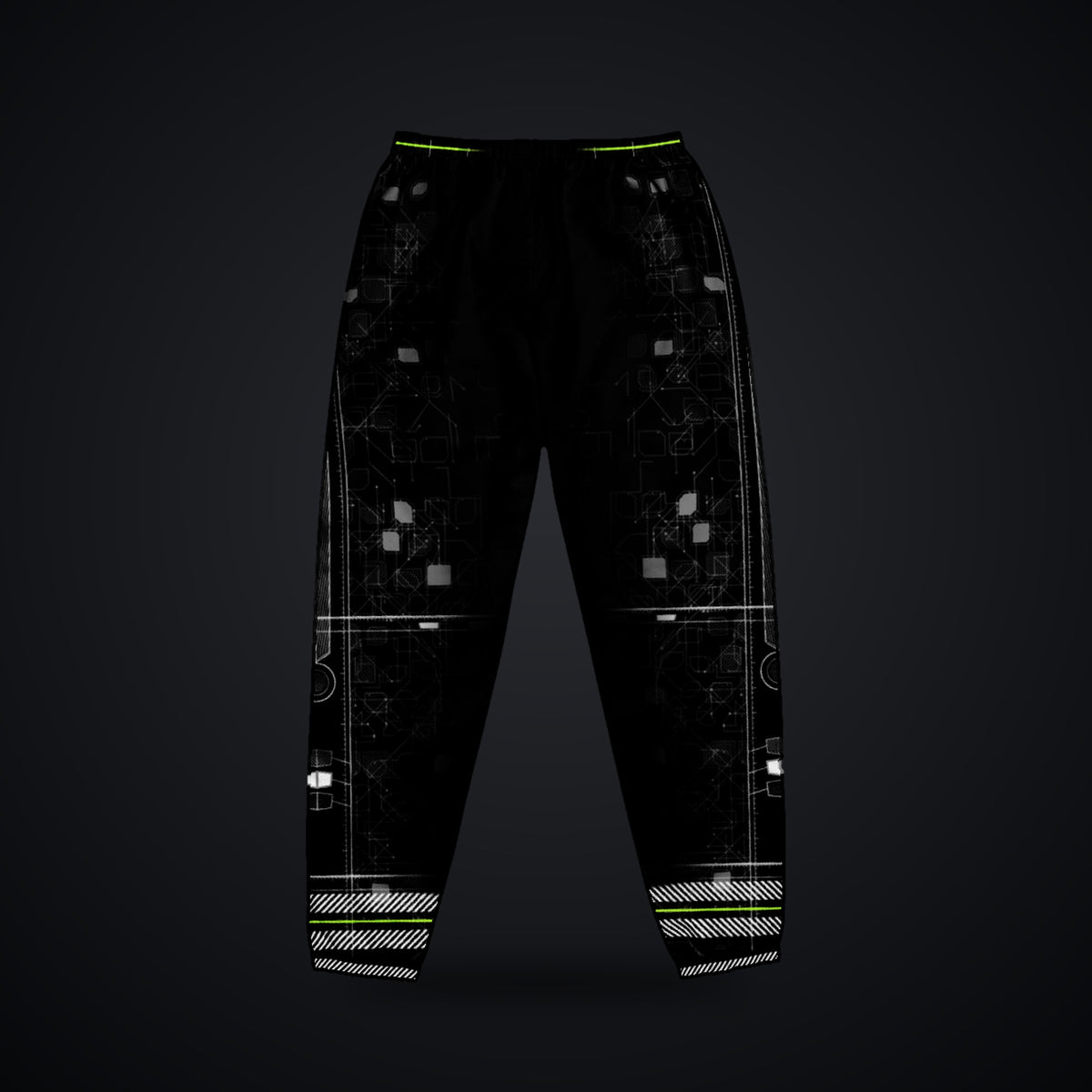 Vertebra Array Track Pants: black rave track pants with white vertebra skeleton design with neon green nodes, back view