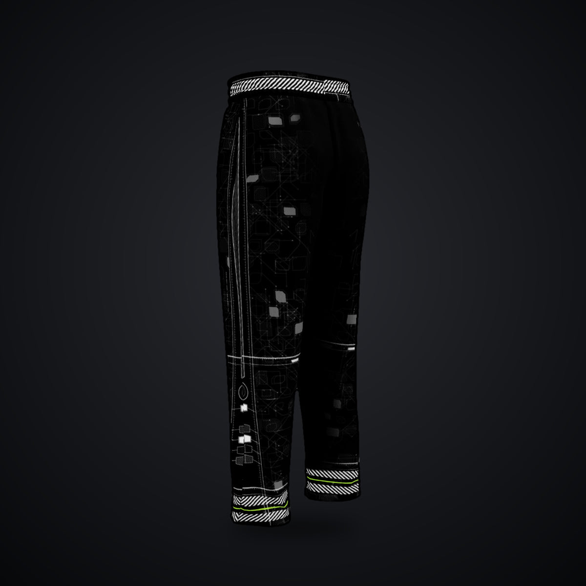 Vertebra Array Wide-Leg Joggers: black wide-leg rave joggers with grey circuit design and neon green hem stripes, side view