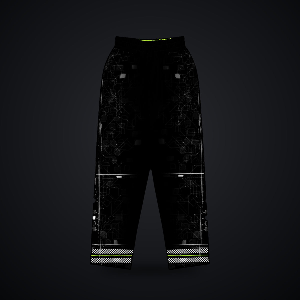 Vertebra Array Wide-Leg Joggers: black wide-leg rave joggers with white vertebra skeleton design with neon green nodes, front view
