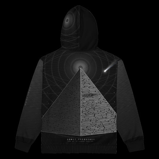 Afterhours Zip Hoodie: black rave zip hoodie with grey pyramid, comet and orbit ring design, back view