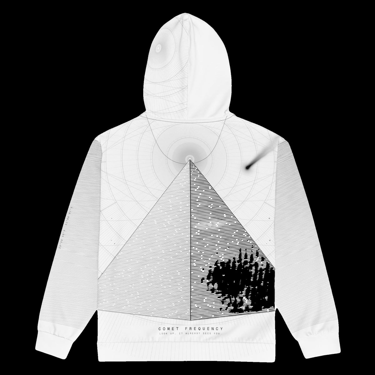 Afterhours Zip Hoodie: white rave zip hoodie with grey pyramid, comet and orbit ring design, back view