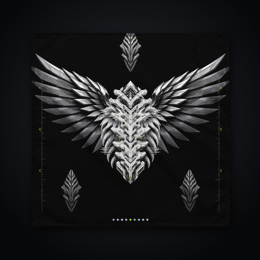 Armor Spine Bandana: black rave bandana with chrome feathered wings and biomech spine design
