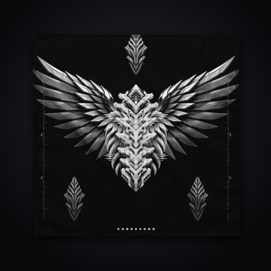 Armor Spine Bandana: black rave bandana with chrome feathered wings and biomech spine design