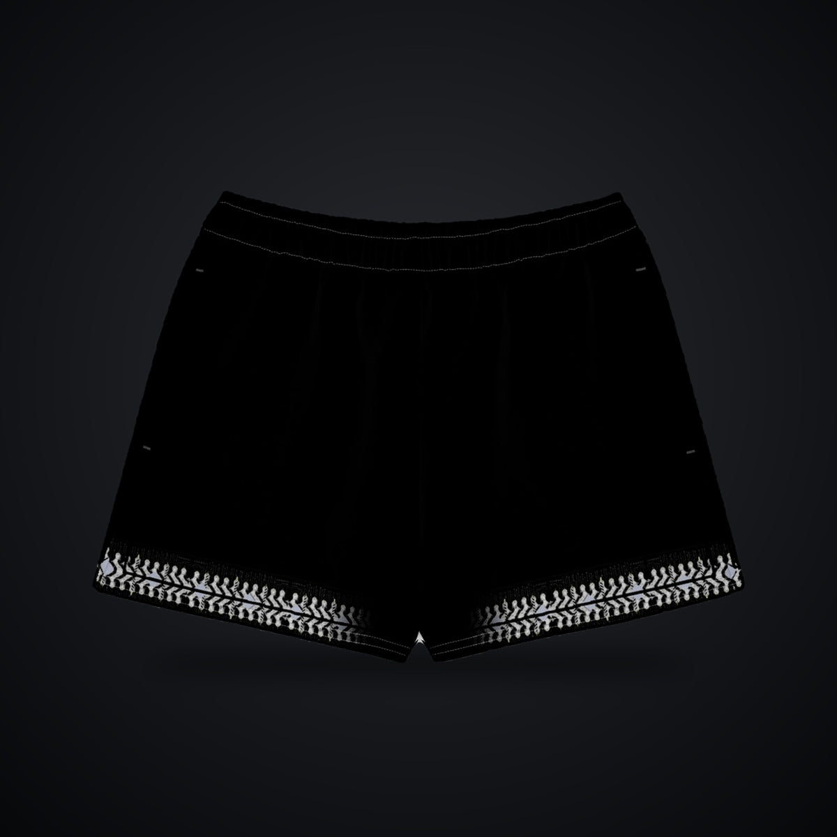 Armor Spine Cotton Shorts: black rave cotton shorts with Armor Spine design on the outer leg rails and hem, front view