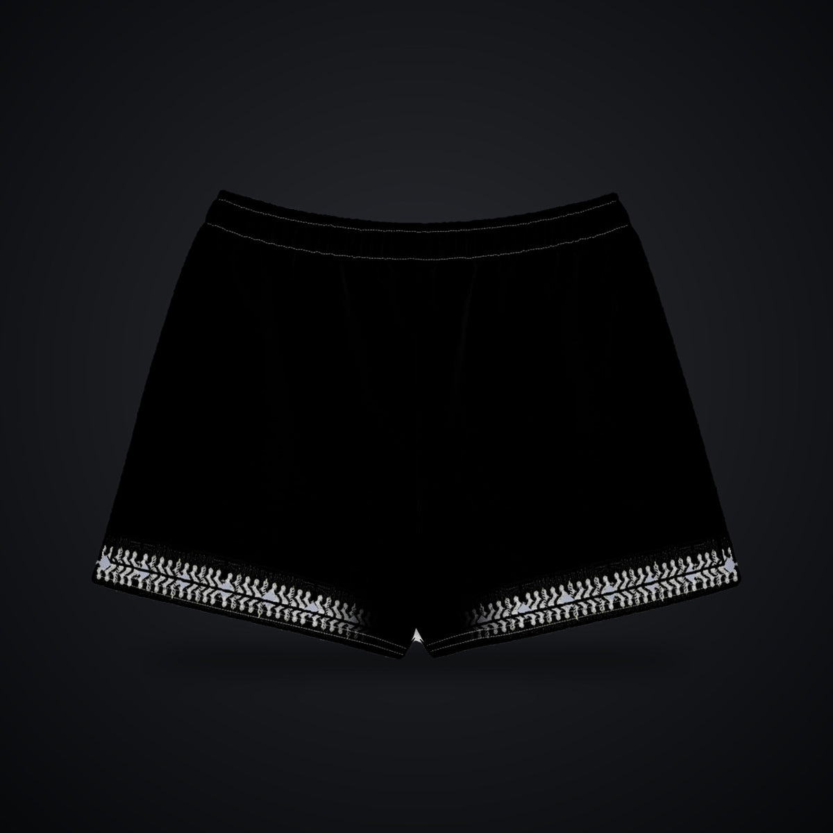 Armor Spine Cotton Shorts: black rave cotton shorts with Armor Spine design on the outer leg rails and hem, back view