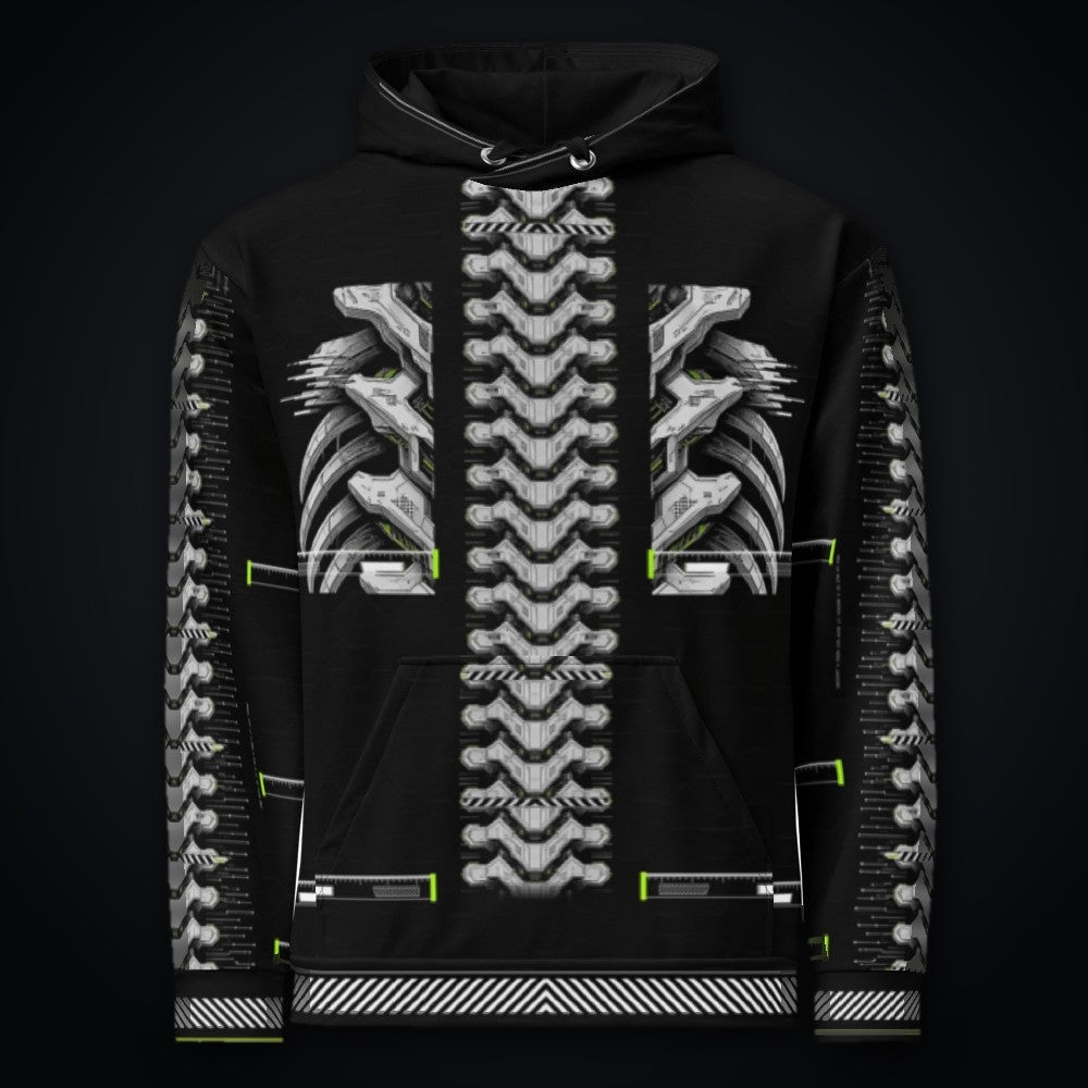 Armor Spine Hoodie: black rave hoodie with chrome biomech armor spine design with neon green accents