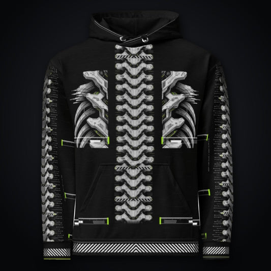 Armor Spine Hoodie: black rave hoodie with chrome biomech armor spine design with neon green accents