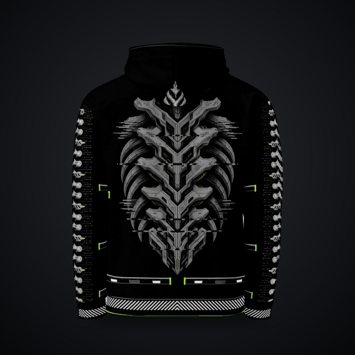 Armor Spine Hoodie: black rave hoodie with chrome biomech armor spine design with neon green accents, back view