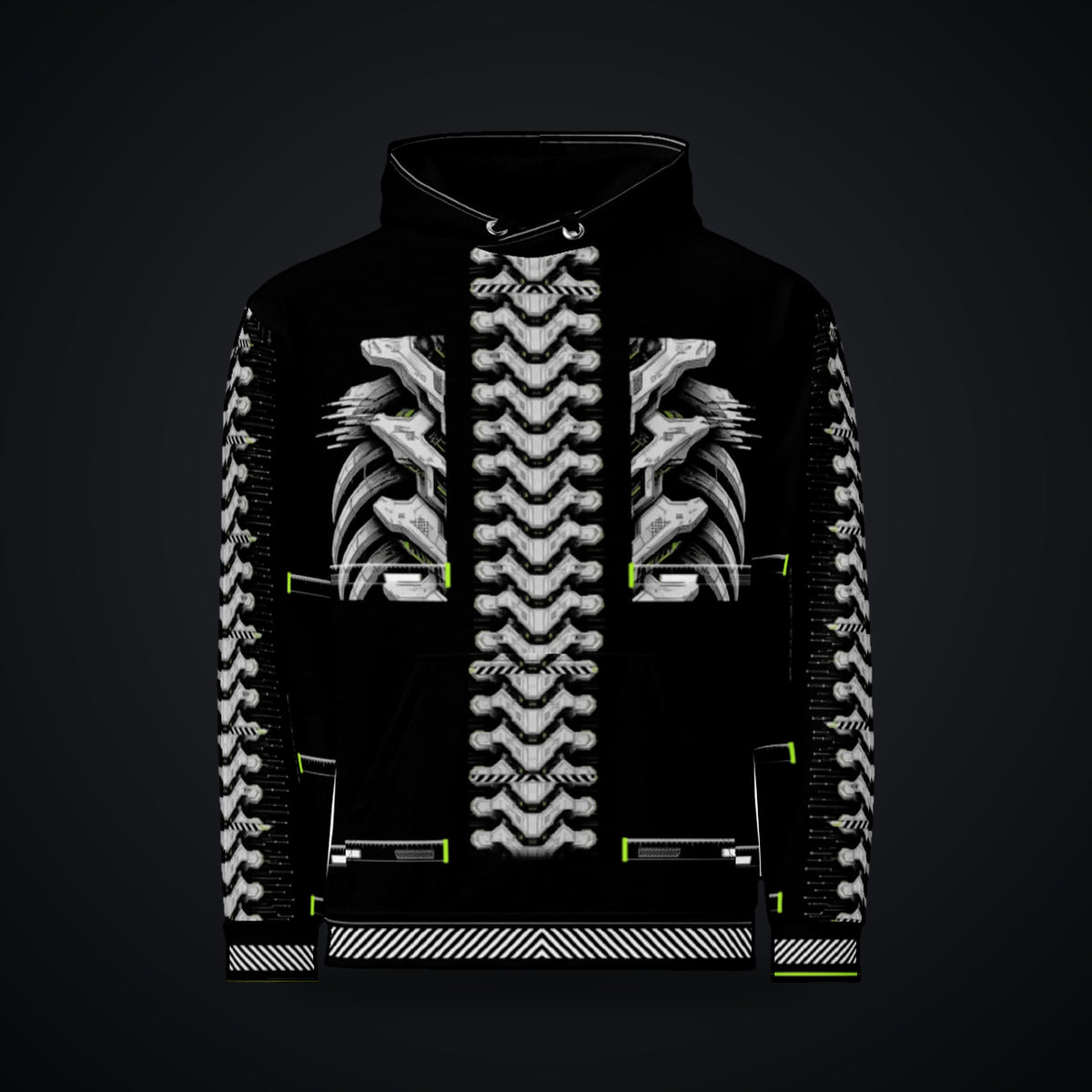 Armor Spine Hoodie: black rave hoodie with chrome biomech armor spine design with neon green accents, front view