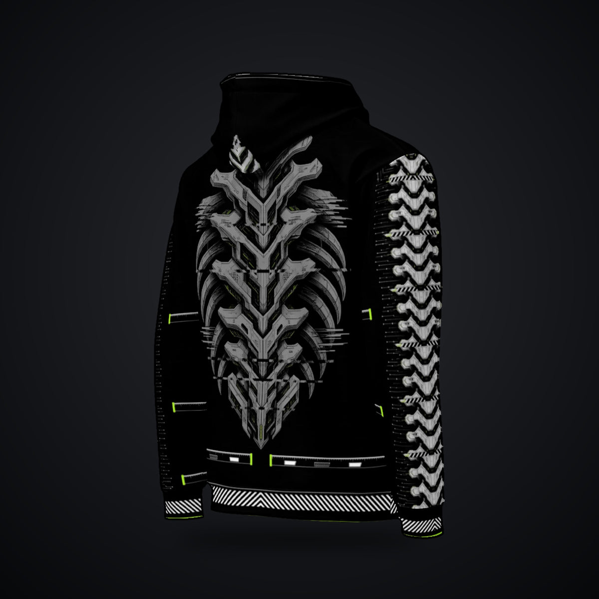 Armor Spine Hoodie: black rave hoodie with chrome biomech armor spine design with neon green accents, right back view