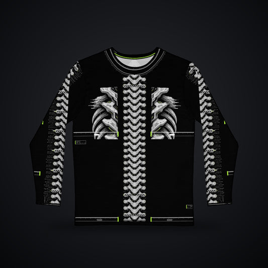 Armor Spine Long Sleeve: black rave long sleeve shirt with chrome biomech armor spine design with neon green accents, front view