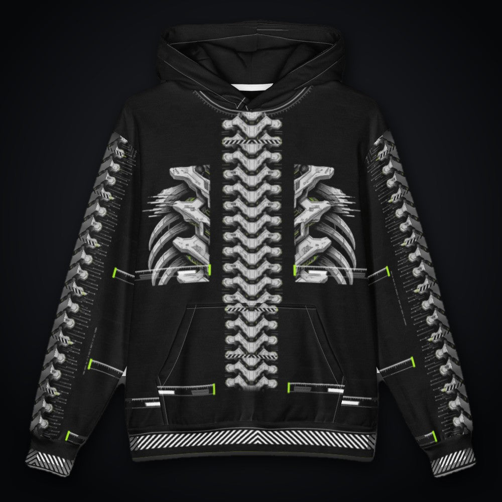 Armor Spine Oversized Cotton Hoodie: black oversized rave hoodie with chrome biomech armor spine design, front view