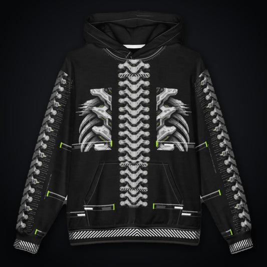 Armor Spine Oversized Cotton Hoodie: black oversized rave hoodie with chrome biomech armor spine design, front view