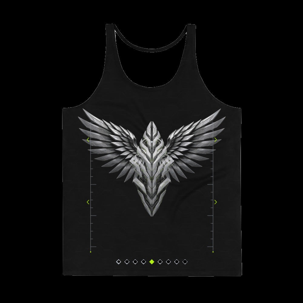 Armor Spine Tank Top: black rave tank top with chrome winged spine emblem on the chest, front view