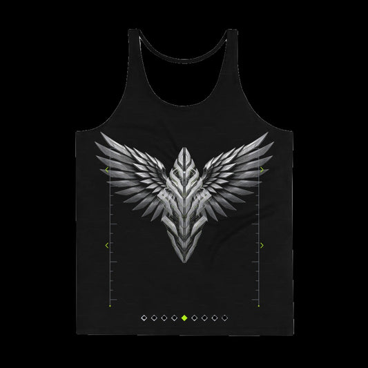 Armor Spine Tank Top: black rave tank top with chrome winged spine emblem on the chest, front view