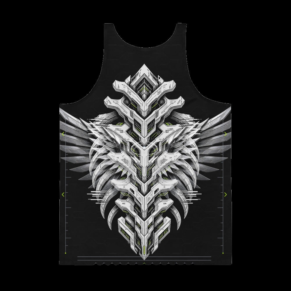 Armor Spine Tank Top: black rave tank top with large chrome winged armor spine design, back view