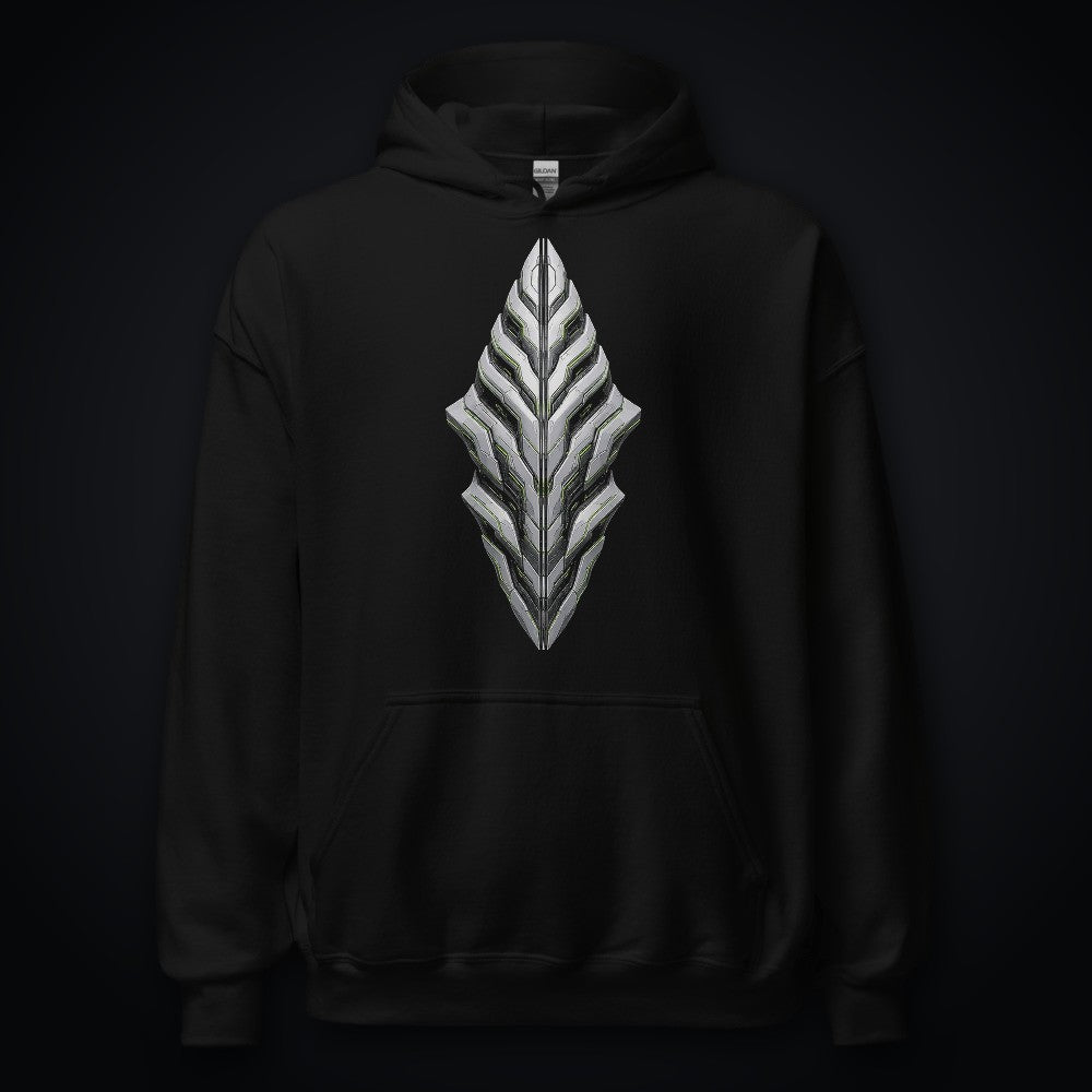 Armor Spine True Black Hoodie: black rave hoodie with chrome armor spine shard on the chest