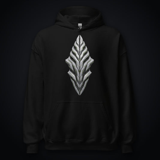 Armor Spine True Black Hoodie: black rave hoodie with chrome armor spine shard on the chest