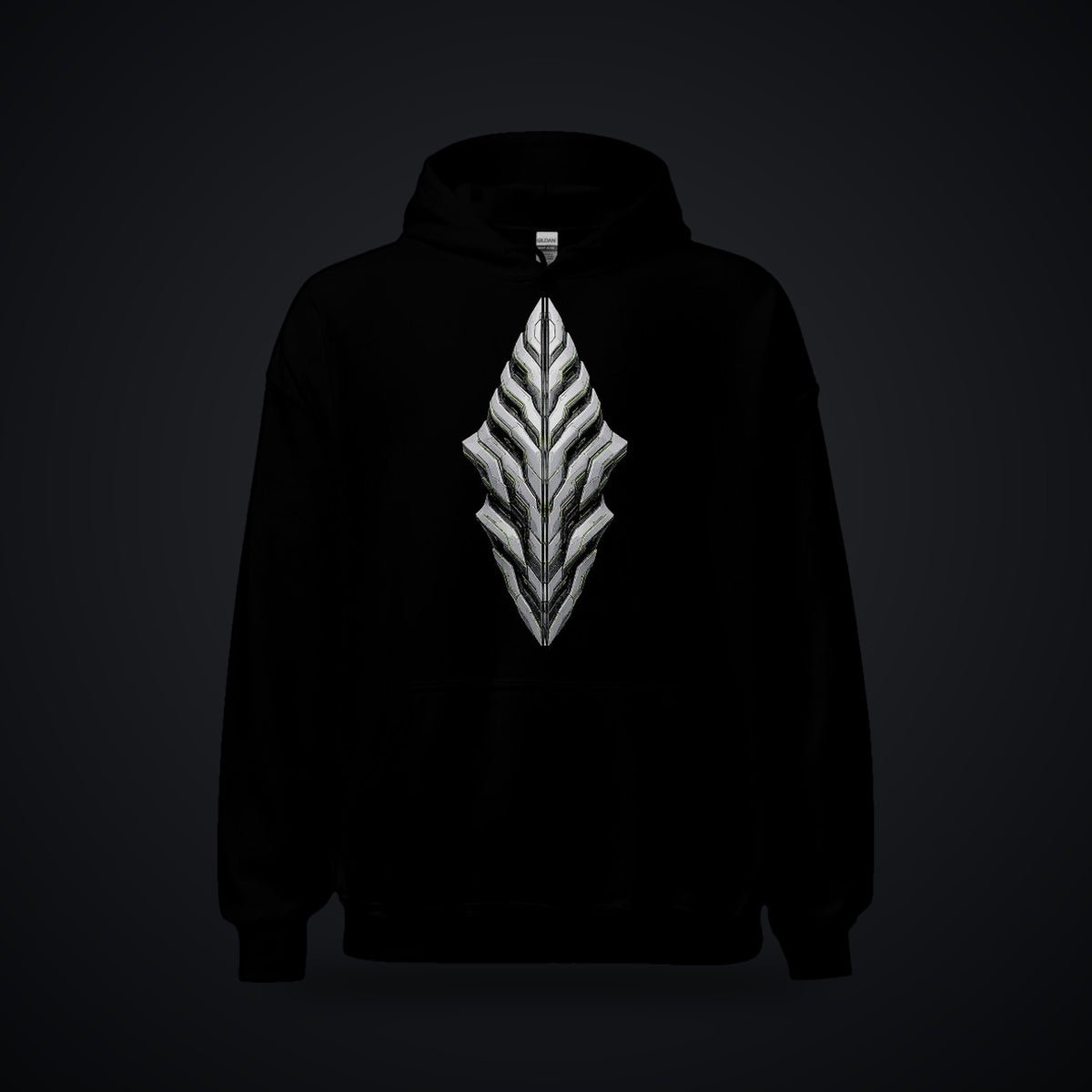 Armor Spine True Black Hoodie: black rave hoodie with chrome armor spine shard on the chest, front view