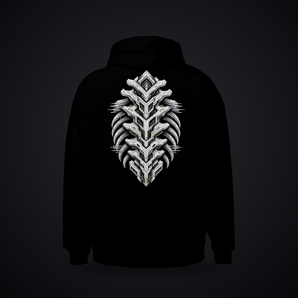 Armor Spine True Black Hoodie: black rave hoodie with large chrome biomech armor spine design, back view