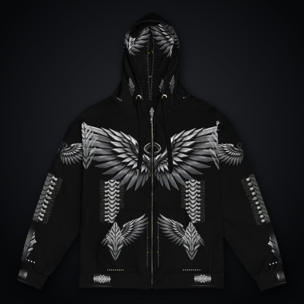 Armor Spine Zip Hoodie: black rave zip hoodie with chrome feathered wing and biomech spine design