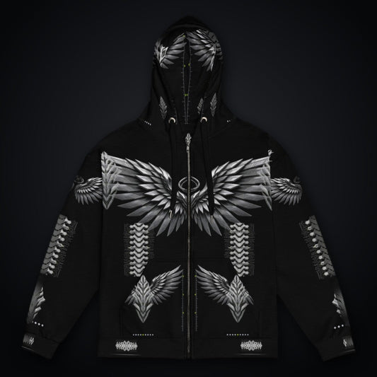 Armor Spine Zip Hoodie: black rave zip hoodie with chrome feathered wing and biomech spine design