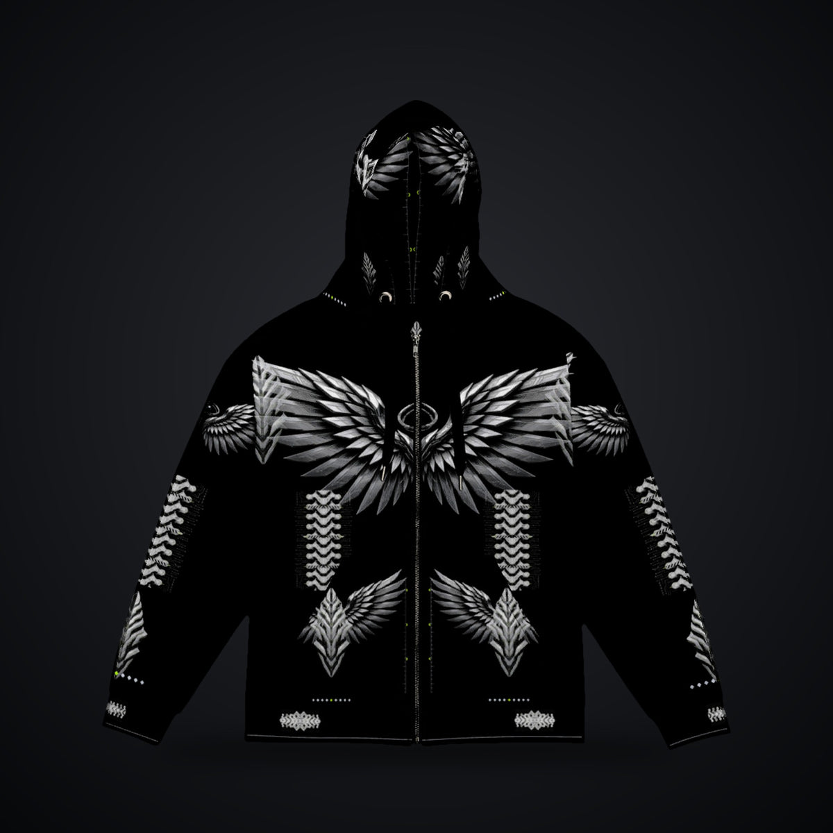 Armor Spine Zip Hoodie: black rave zip hoodie with chrome feathered wing and biomech spine design, front view