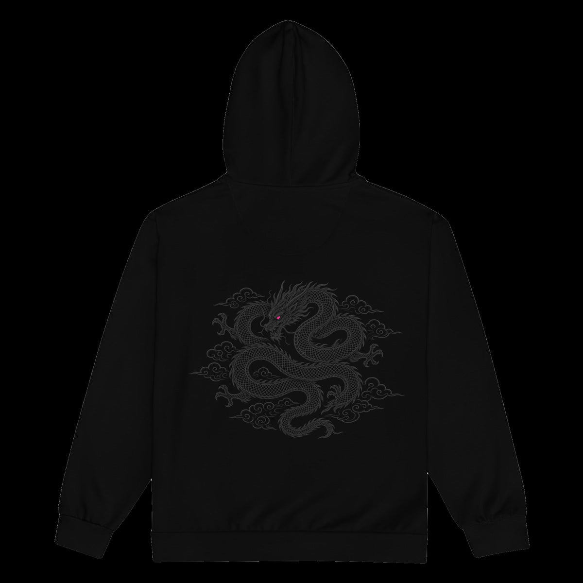 Bass Drop Zip Hoodie: black rave zip hoodie with tonal grey sky dragon and cloud design, back view