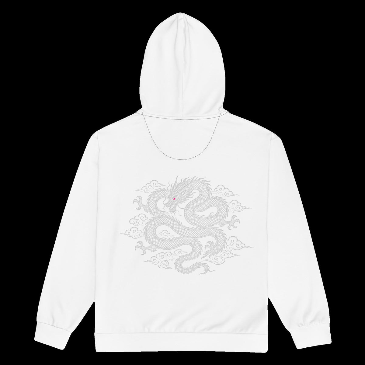 Bass Drop Zip Hoodie: white rave zip hoodie with tonal grey sky dragon and cloud design, back view