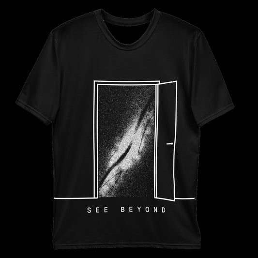 Comet Frequency See Beyond Tee: black rave tee with white open doorway to the Milky Way and See Beyond text, front view