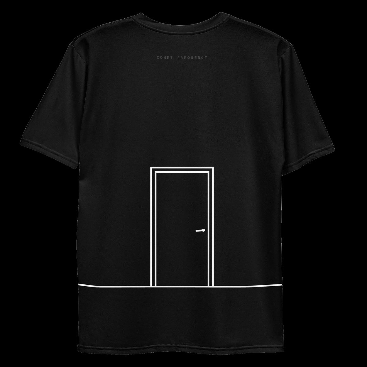 Comet Frequency See Beyond Tee: black rave tee with white closed doorway outline design, back view