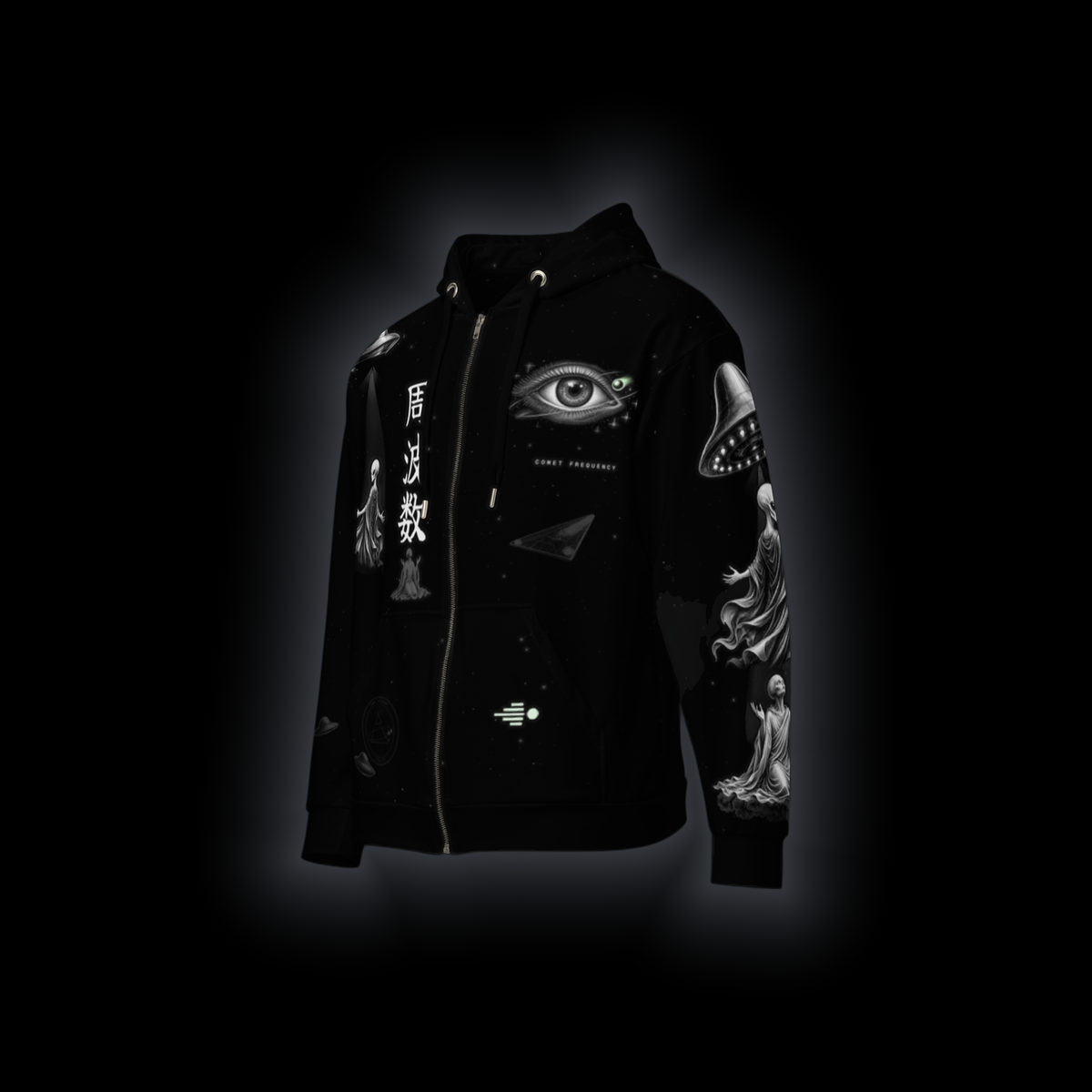 Coordinates Unknown zip hoodie, 3/4 left front view: 周波数 kanji beside the zip, an eye design, saucers and figures down the sleeve, on black