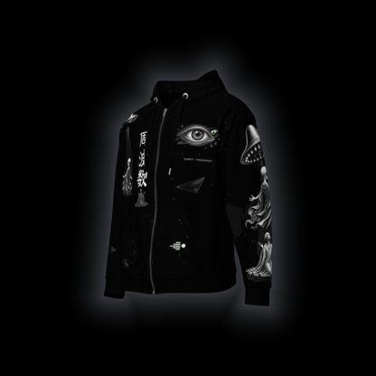 Coordinates Unknown zip hoodie, 3/4 left front view: 周波数 kanji beside the zip, an eye design, saucers and figures down the sleeve, on black