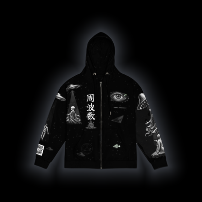 Coordinates Unknown zip hoodie laid flat, front: 周波数 kanji beside the zip, an eye design, saucers and light beams across the chest and sleeves