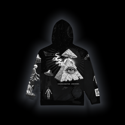 Coordinates Unknown zip hoodie laid flat, back: eye-pyramid above COORDINATES UNKNOWN., a saucer lifting a figure, seals and stars on a black ground