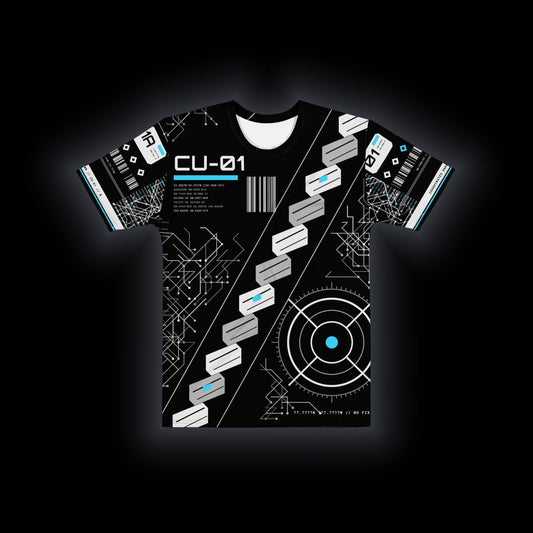 Coordinates Unknown Grid 01 performance tee, front view on black