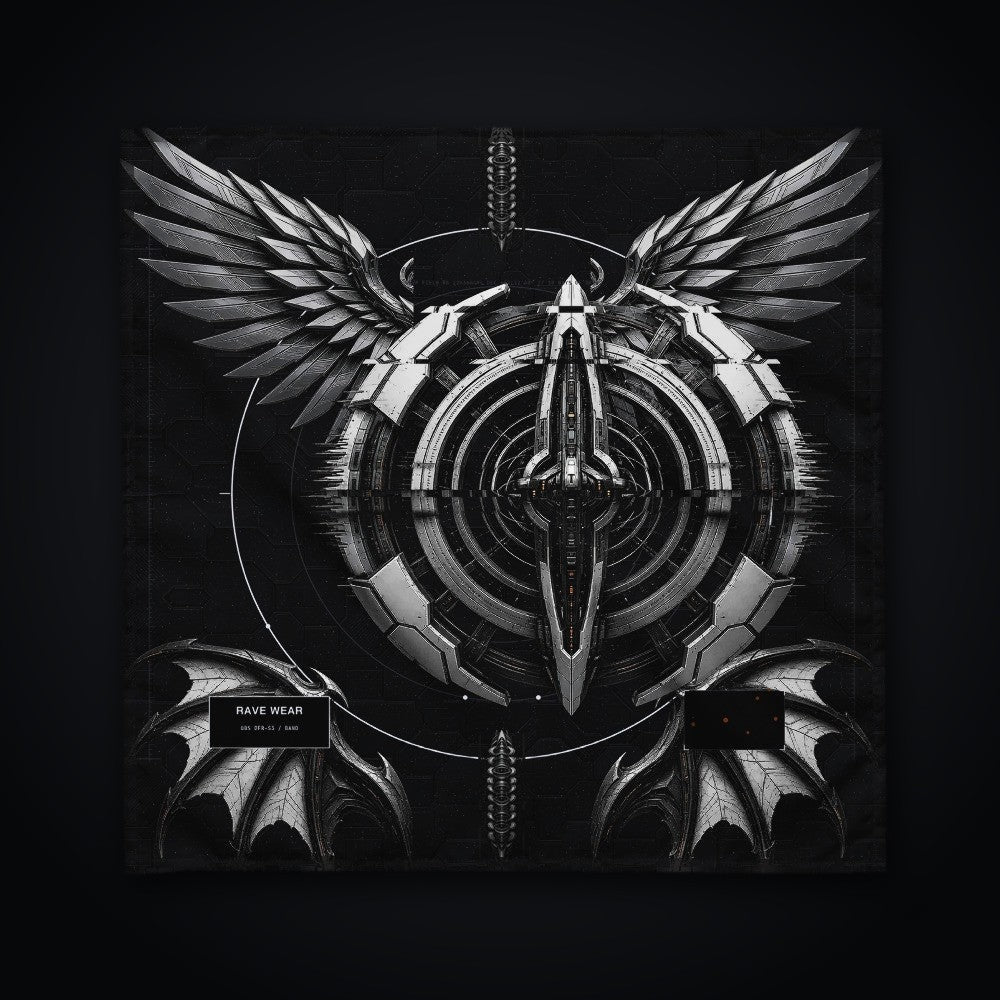 Deep Field Rite Bandana: black rave bandana with chrome star chart design with angel wings